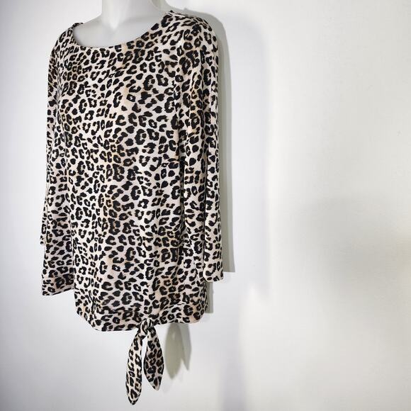 Chico's Womens Top Leopard Print Side Tie Round Neck Knit Size 2 US Large 3/4 Sl - Picture 5 of 11